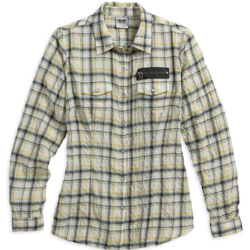 Harley Davidson Women's Large 1903 Crinkle Button  Front Shirt, Cream Plaid